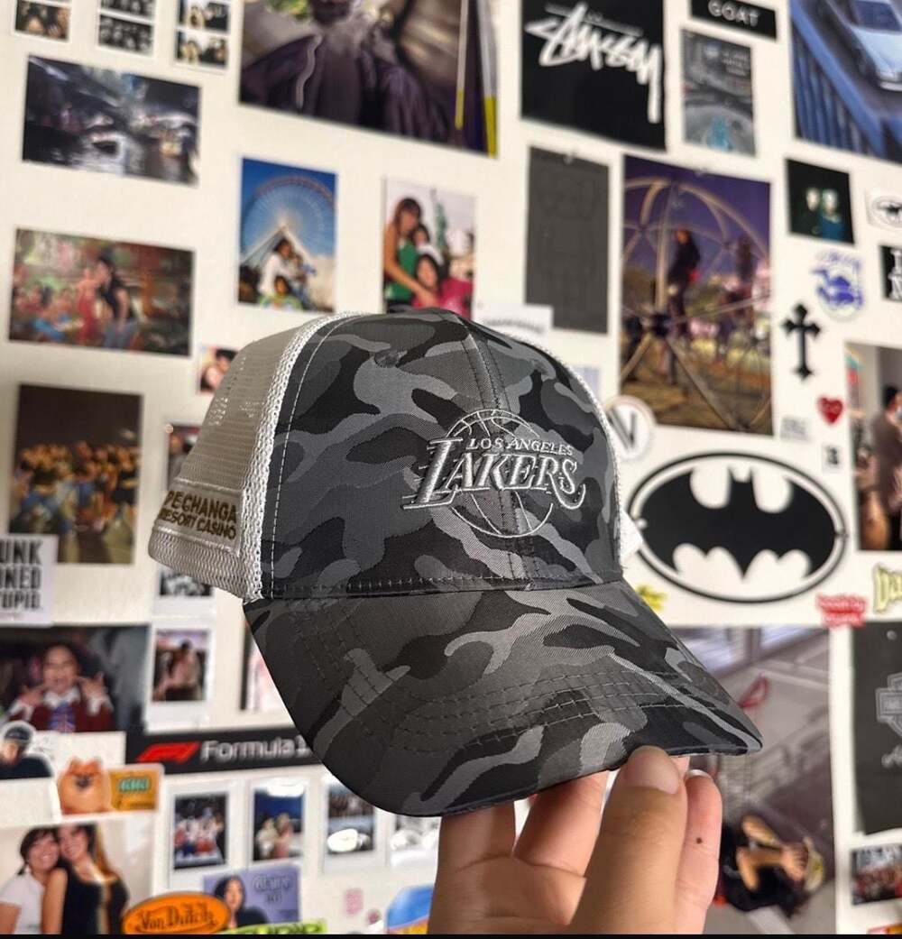 Los Angeles Lakers Black Grey Camouflage Mesh Trucker Hat Pechanga Resort Casino